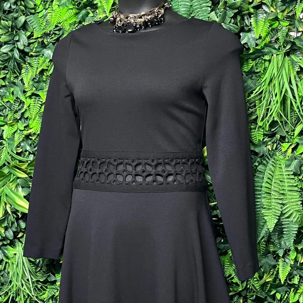Lela Rose Dress Size 16 Black Lace Cutout Waist Hem Long Sleeve A-Line Midi 3770